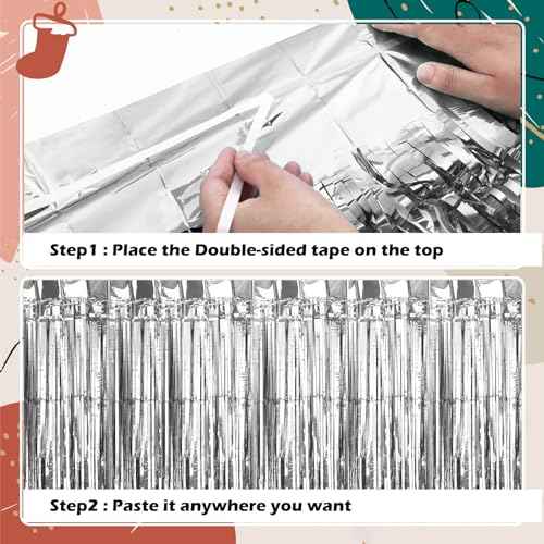 Kesote 3 Pack Green Red Silver Tinsel Foil Fringe Curtain Streamers for Christmas Holiday Party Decorations Photo Booth Props, 3.3Ft x 6.6Ft