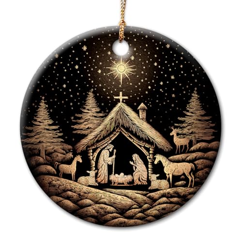 Nativity Scene Ceramic Ornament Decor Christmas - Birth of Jesus Ornaments - Religious Gift for Christian Women, Men, Family, Friend, Neighbor, Coworker, Teacher - Exchange Gifts