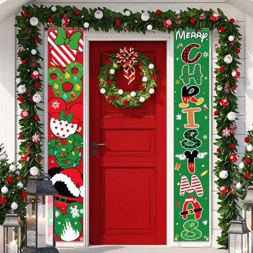 Mouse Christmas Porch Sign Banner 2pcs Christmas Door Banner for Front Yard Hanging Banner