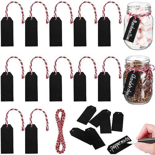 Cholemy 12 Pcs Christmas Hot Cocoa Bar Decoration with Red and White Rope Black Wooden Chalkboard Labels Tags Hanging Signs Erasable Tags for Hot Chocolate Party Favor Supplies