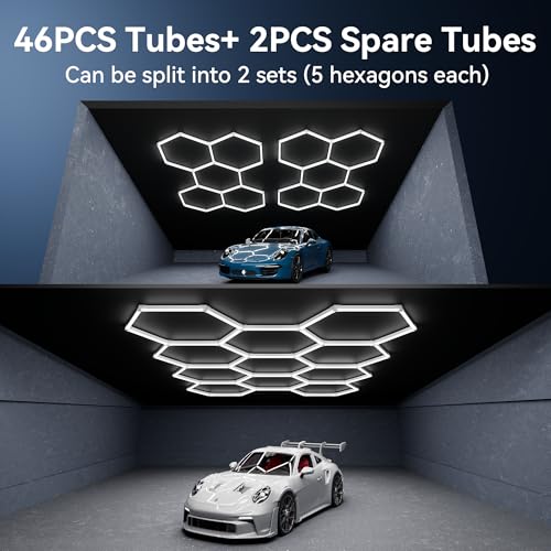MODERN 11-Grid Hexagon Garage Light 48 Pack 47000LM 3.9ft Customizable Honeycomb Ceiling Fixture for Warehouse, Gym, Basement, Exhibition
