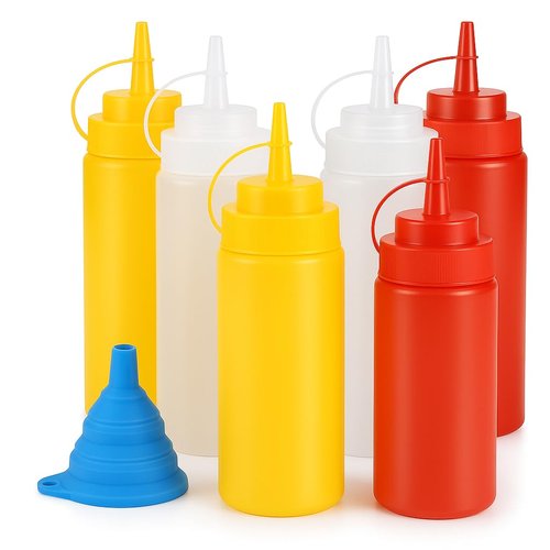 COOKKEY 6-Pack Condiment Squeeze Bottles - 12 oz- BPA - Free Plastic Squirt Bottles for Sauces, Oil, Syrup, Seasonings and Honey and 1 Funnel - Leak-Resistant Design