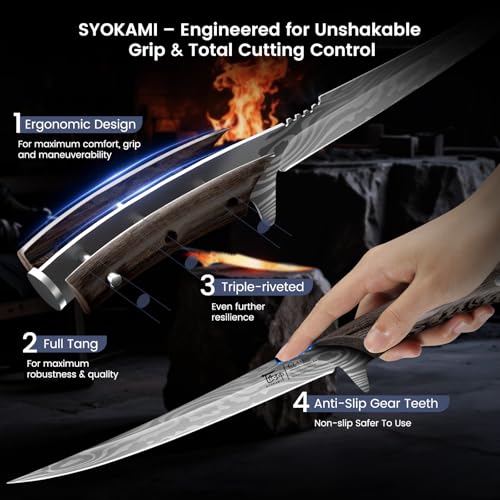 SYOKAMI 9 Inch Fillet Knife with Leather Sheath - Flexible Fish & Meat Boning Knife, Non-Slip Wooden Handle, Professional Japanese Outdoors Kitchen Tool