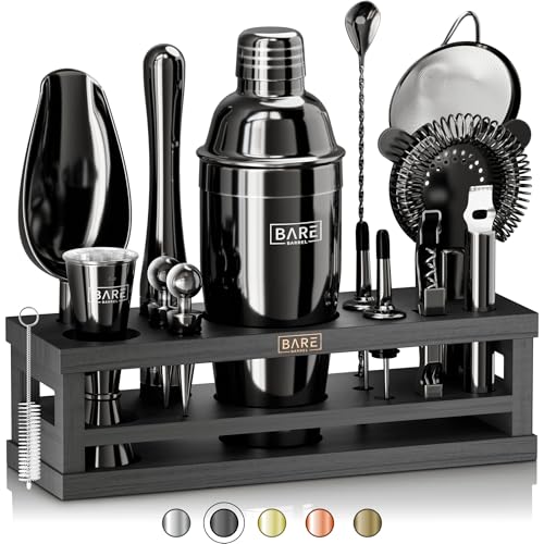Bartender Kit Bar Set with 16 Tools and 35 Recipe Cards - Jet Black 24oz Cobbler Shaker