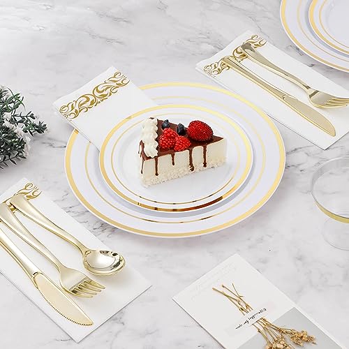 BESTVIP 175 PCS Gold Rim Disposable Plates Dinnerware Set for 25 Guests (Gold / 25 Guests)