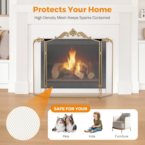 BEAMNOVA Gold Fireplace Screen 50x32 in Baroque Decorative Metal Mesh