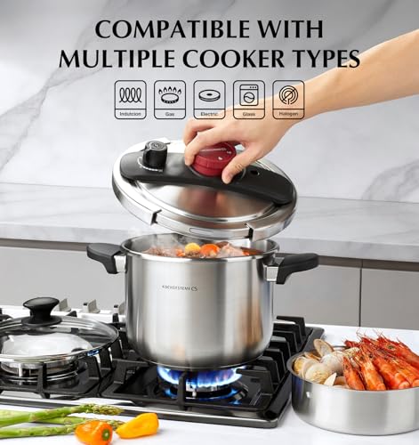 KOCH SYSTEME CS 6.3 Quart Stainless Steel Pressure Cooker - Silver, 3-in-1 with Glass Lid & Steamer