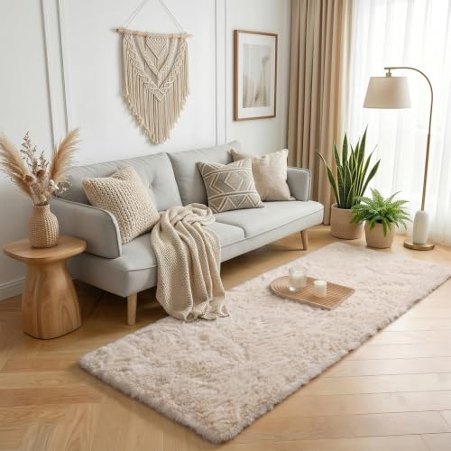 PAGISOFE 2' x 6' Light Beige Shaggy Runner Rug for Bedroom & Living Room, Non-Slip