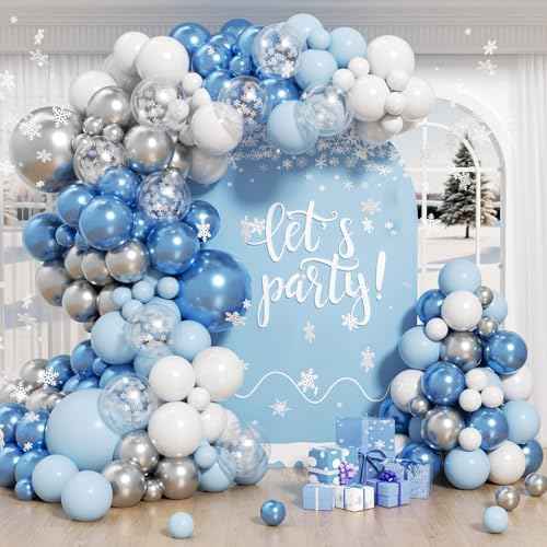 Blue Snowflake Balloon Arch Kit with Metallic White Pastel Blue and Sliver Balloons Snowflake Balloon for Baby Shower Birthday Party Decorations