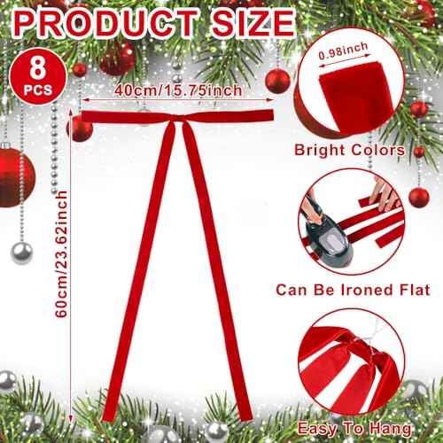 DIYDEC 8PCS Large Red Christmas Bow 23.5x15.5 Inch Velvet Xmas Tree Topper Bows Ribbon Hanging Ornament for Christmas Holiday Home Outdoor Indoor Party Garland Crafts Decoration(Bright Red)