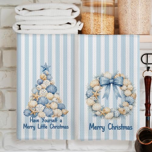Blue Coastal Shell Christmas Kitchen Towels 16x24 Set of 2 - Color 01