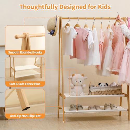 Kids Clothing Rack with Shelves and Hang Rod - Foldable Baby Wardrobe, Natural Bamboo