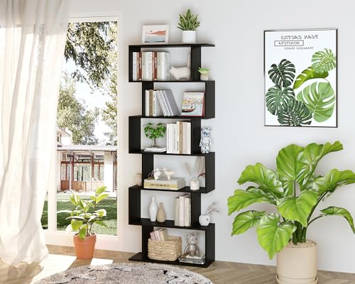 Yusong 6-Tier Geometric Bookcase Shelf Black 27.8"W x 9.4"D x 74"H Modern Wood Display
