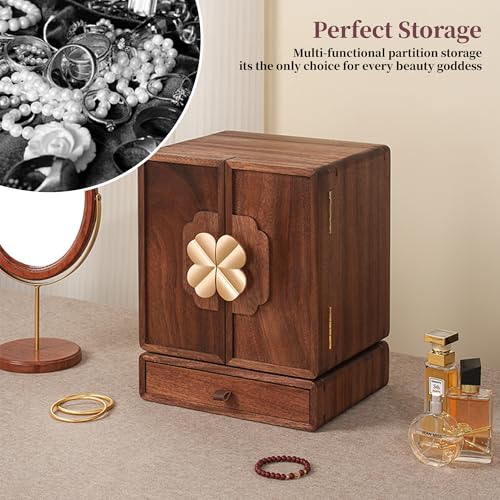 KAOTGOT 4 Leaf Clover Rotatable Drawer Wooden Jewelry Box for Women & Girls