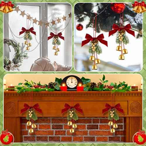 2 Pcs Christmas Wreath Bows with Jingle Bells and Pinecone Hanging Christmas Tree Topper Xmas Bow Pine Cones with Bell Pendant Decorative Bows Ornament for Party Decoration Kitchen Cabinet