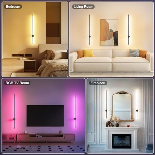 NIORSUN Black 35.4 Inch Rechargeable LED Wall Sconce Set of 2 with Remote - Dimmable Wireless Modern Lighting for Living Room & Bedroom
