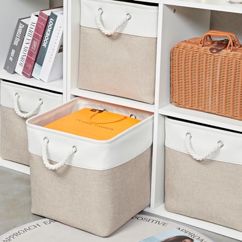 ISEMINGLA White & Beige 13 Inch Cube Storage Bins Set of 6 – Foldable Organizer Boxes for Clothes, Toys, Books