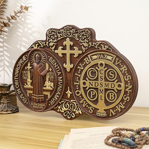 16 Inch Wooden Saint Benedict Wall Decor Medal Pendant Handmade Gold Finish