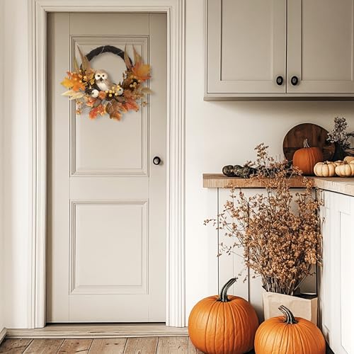 18 Inch Fall Wreath with Owl Pumpkin and LED Lights - Autumn Decor
