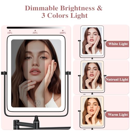 Black Wall Mounted Lighted Makeup Mirror with 10X Magnification & Dimmable LED Lights