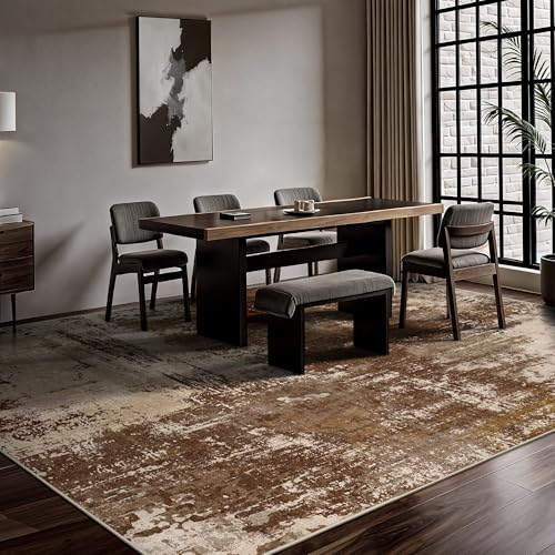 A-Brown 8x10 Modern Abstract Low Pile Washable Rug - Non Slip Large Floor Carpet for Living Room Bedroom