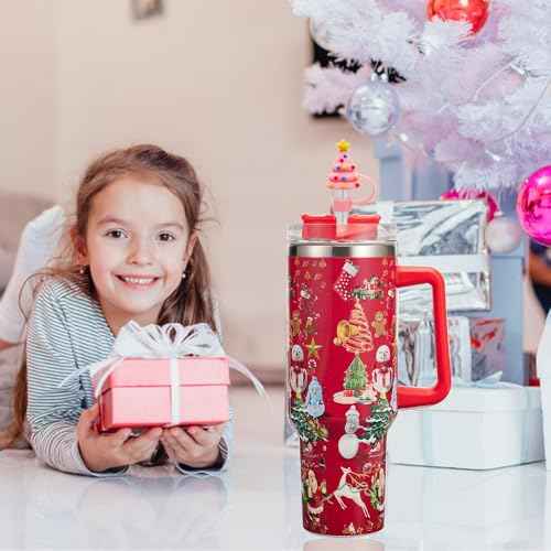 8PCS 3D Christmas Straw Cover Cap for Stanley Cup, Xmas Silicone Straw Topper Compatible with 30&40oz Tumbler with Handle,10mm 0.4in Dust-Proof Reusable Straw Tips Lids for Christmas Gifts