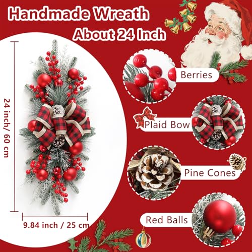 FACINOC 24 Inch Red Artificial Christmas Swag - 2 Pack Front Door Decor