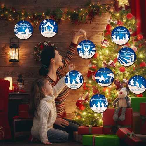 36 Pcs Nativity Scene Christmas Tree Ornaments Wooden Nativity Xmas Tree Hanging Decorations Christian Wooden Ornaments Nativity Scene Accessories for Home Holiday Decor (b)