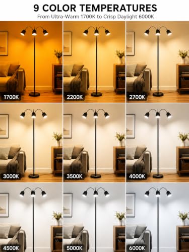 RUISHINE 1700K Ultra-Warm 3-Head Floor Lamp with Stepless Dimming & Remote