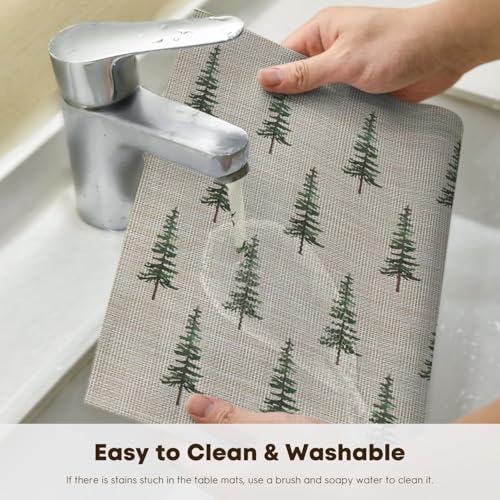 Green Xmas Tree Vinyl Placemats Set of 6 12x18 Inch Waterproof Non-Slip Holiday Table Mats