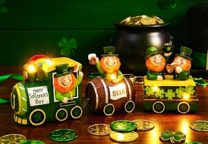 Valery Madelyn St. Patrick's Day Decorations - Lighted LED Train & Leprechaun with Shamrock Pot of Gold | Festive Table Centerpiece