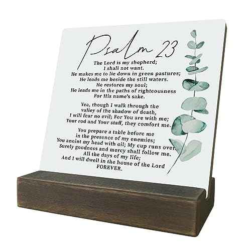 Bible Verse Psalm 23 Plaque Signs, She is Clothed in Strength & Dignity and She Laughs without Fear of the Future, Wooden Plaque Gift with Stand, Home Decor Tabletop, Religious Artwork Decor