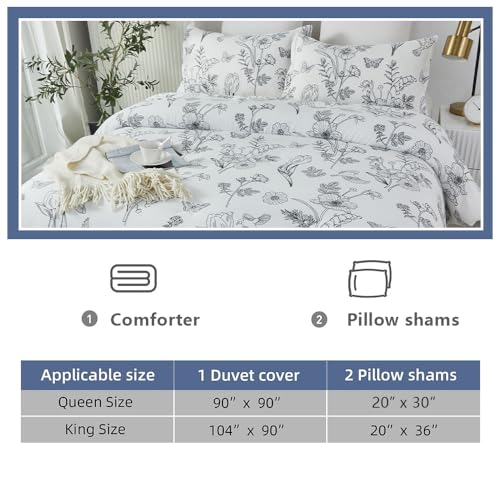 Usfivefam King Size White Floral Comforter Set with Butterfly & Bird Toile Patterns - 3 Piece Lightweight Soft Microfiber Botanical Print Quilt Set for All Seasons