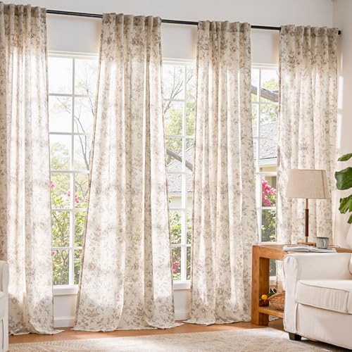 Amlie Taupe Linen Farmhouse Floral Curtains 84 Inch, 2 Panels, Rod Pocket - Pack of 2