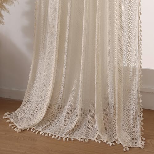 WAZZIO 2-Pack Boho Crochet Lace Curtains 59"W x 84"L Beige Light Filtering Drapes