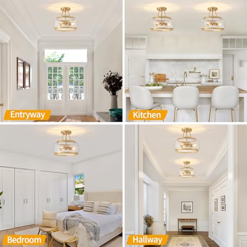 Brushed Gold Semi Flush Mount Ceiling Light Fixture 11.81" for Hallway, Kitchen & Entryway