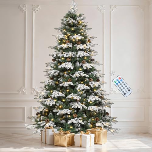 DWVO 7.5ft Flocked Alaska Pine Christmas Tree with Snow, Pine Cones & 400 LED Lights, Remote Control