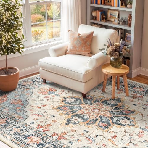 Washable Area Rug 5x7 Feet - Beige, Blue & Orange Vintage Sunflower Pattern