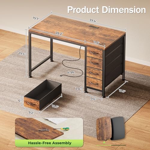 PRAISUN Rustic Brown 39.4 Inch Computer Desk with Power Outlets & USB-C Port, Reversible Gaming & Office Workstation