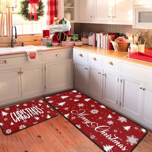 Putware Christmas Snowflake Kitchen Rugs Set of 2 17x47 + 17x30 Non-Slip Holiday Mats
