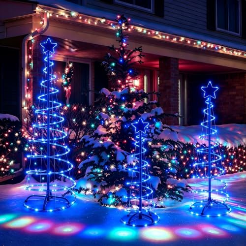 FLAGLY Blue 3-4-5FT Lighted Christmas Spiral Trees Set with Stakes – Indoor & Outdoor Holiday Decor