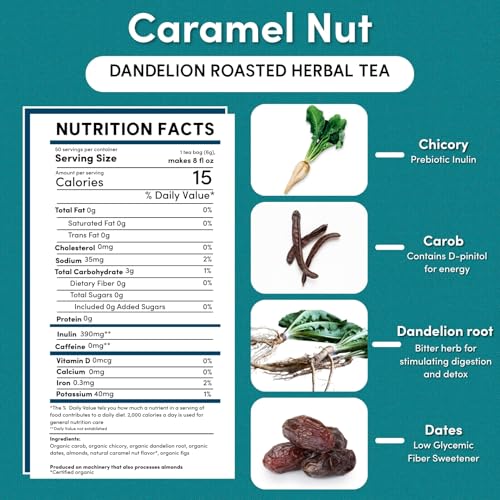 Caramel Nut Dandelion Herbal Tea - Caffeine Free, 50 Eco-Friendly Tagless Tea Bags - Variation: Caramel Nut / 50 Count
