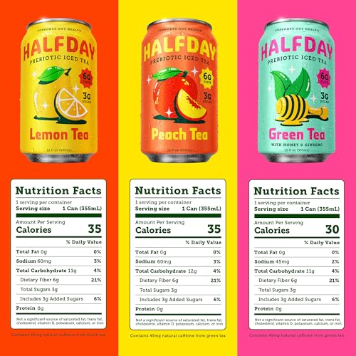 Prebiotic Iced Tea Variety Pack - Classic Lemon Peach & Green Tea, Supports Gut Health, Low Sugar, 12 fl oz, 12 Pack