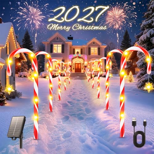 Bonlion 10 Pack 21-Inch Solar Candy Cane Christmas Lights with 10 Modes