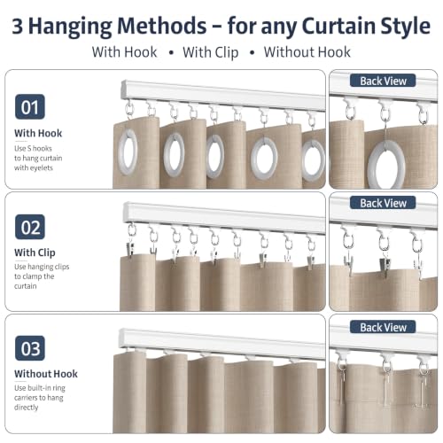 Silent Ceiling Curtain Track 9-12ft Heavy Duty Aluminum Room Divider Rail with Hooks & Clips - White Variation 9ft-12ft