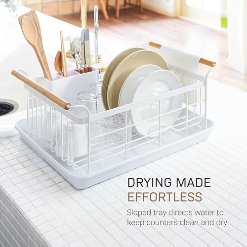 YAMAZAKI White Dish Drying Rack with Removable Tray & Cutlery Holder – Modern Kitchen Organizer