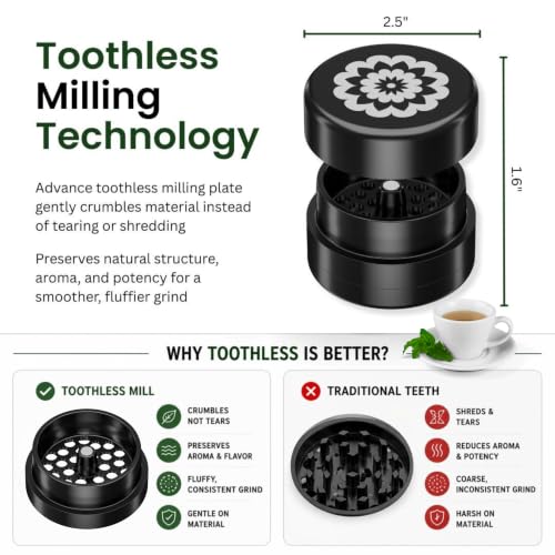 Flower Mill Next Gen 2.5-Inch Manual Dry Herb Grinder Black | Toothless Milling Technology