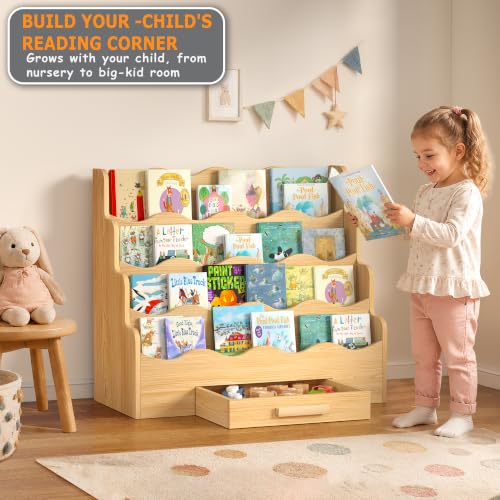 4-Tier Montessori Kids Bookshelf with Scalloped Edges and Drawer