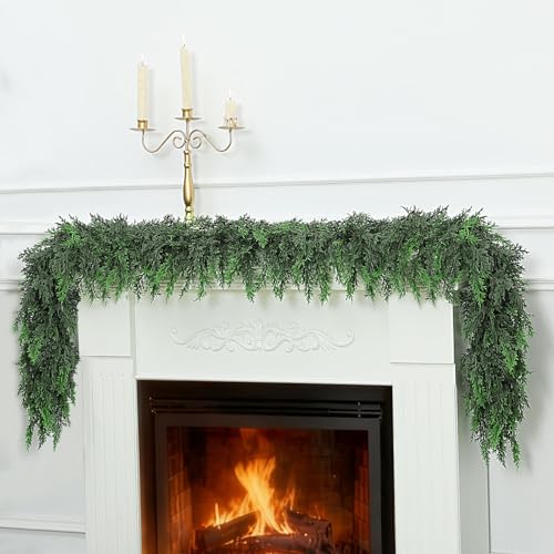 6FT Cedar Garland Artificial Faux Greenery for Mantle & Fireplace - IPOOLTENG
