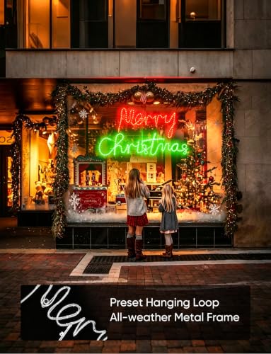 HeliosRibbon 48 Inch Merry Christmas LED Light Sign - Red & Green Outdoor Decor